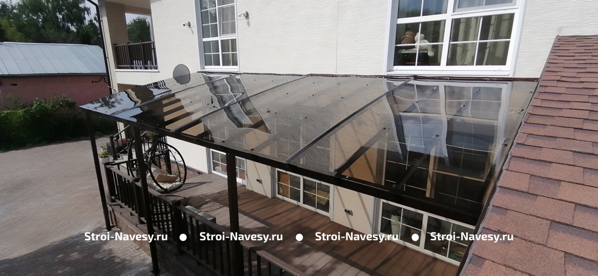 Навес хай-тек из поликарбоната односкатный для веранды примыкающей к дому Навес хай-тек из поликарбоната односкатный для веранды примыкающей к дому
