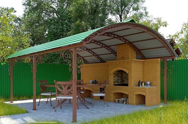 Навес из профнастила арочный с элементами ковки для мангальной зоны на даче Навес из профнастила арочный с элементами ковки для мангальной зоны на даче