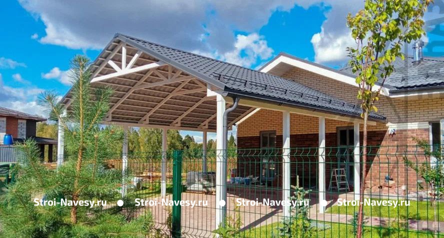 Навес автомобильный из металлочерепицы двускатный для дома (белые столбы) Навес автомобильный из металлочерепицы двускатный для дома (белые столбы)