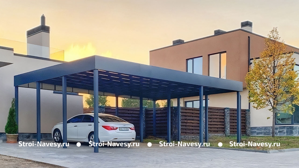 Большой односкатный навес из поликарбоната «хай-тек» для автомобиля и зоны входа