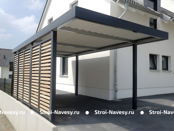 Навес high-tech для авто из профнастила односкатный с закрытой боковой частью на двух опорах