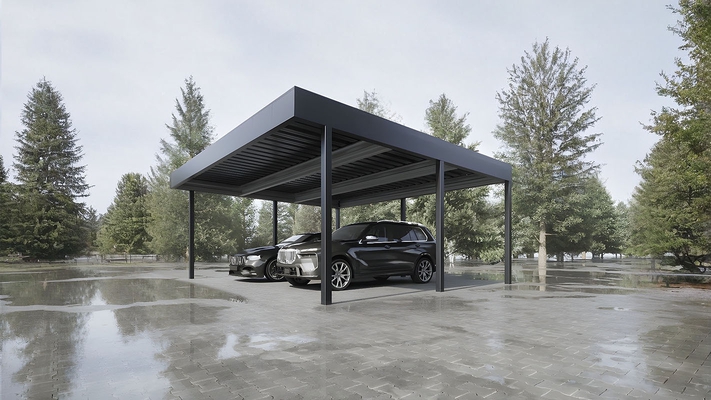 Навес для двух машин из черного профлиста односкатный high-tech Навес для двух машин из черного профлиста односкатный high-tech
