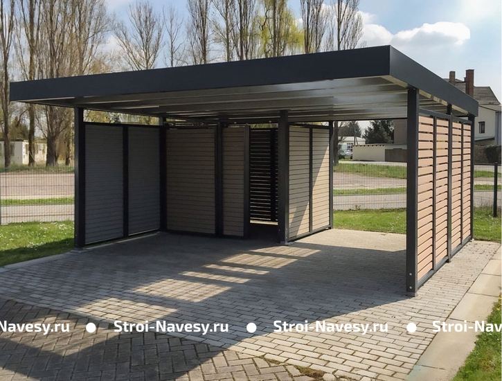 Навес из профлиста high-tech односкатный полузакрытый для машин во дворе частного дома