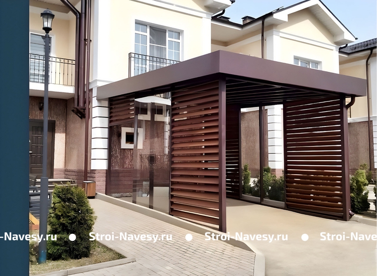 Навес «хай-тек» автомобильный из профлиста односкатный с боковыми панелями «жалюзи» Навес «хай-тек» автомобильный из профлиста односкатный с боковыми панелями «жалюзи»