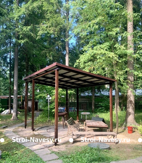 Навес из профлиста односкатный для зоны отдыха с мангалом на даче Навес из профлиста односкатный для зоны отдыха с мангалом на даче