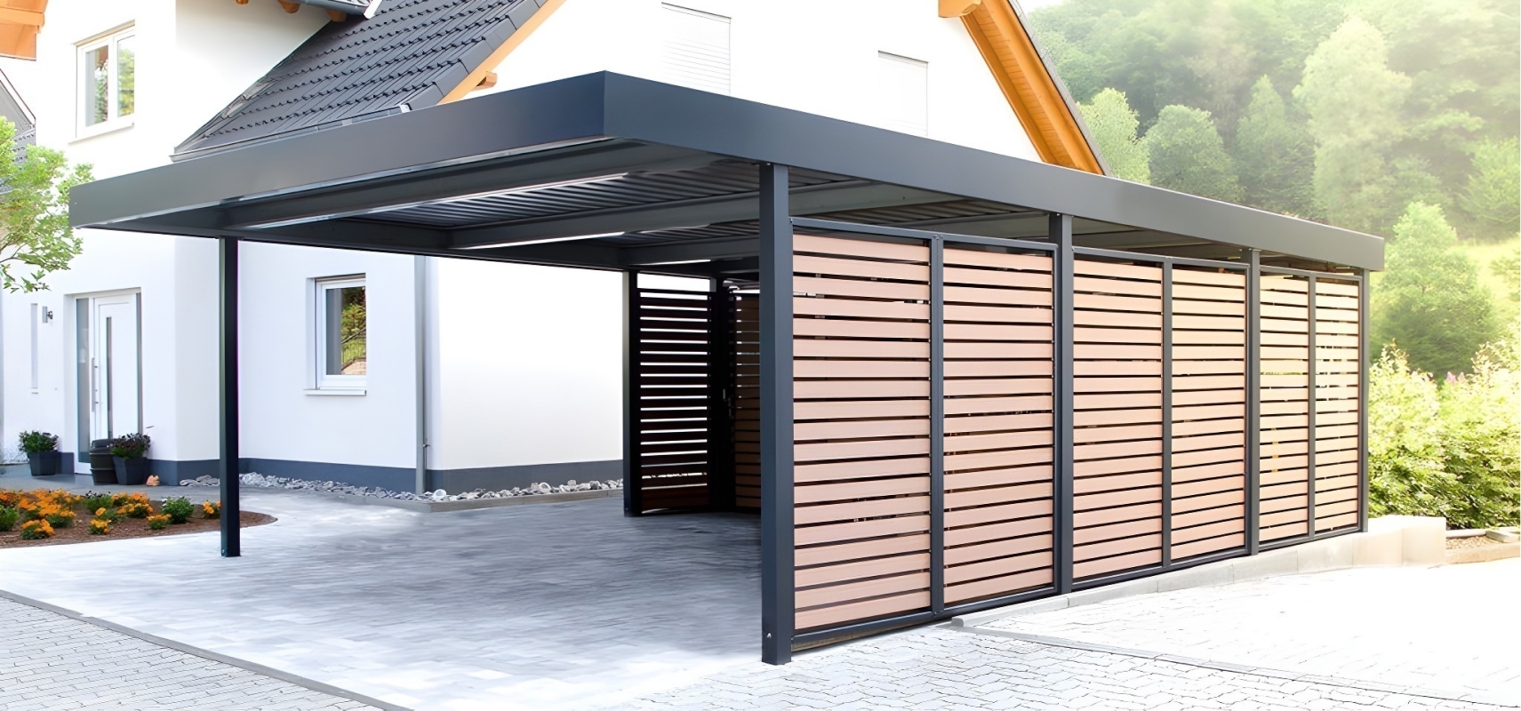 Полузакрытый навес с крышей из поликарбоната Навес для автомобиля двускатный перед гаражом